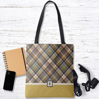 Preppy Earth Tones Plaid Monogram Canvas tas
