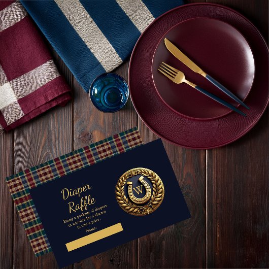 Preppy Equestrian Hoefijzer Blue Diaper Raffle Informatiekaartje