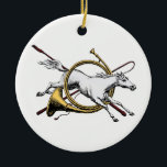 Preppy Equestrian Horse springt door de kleur van  Keramisch Ornament<br><div class="desc">The Hunt: Preppy Equestrian Horse Jumping Through Horn, Coat of Arms Emblem ============ ruiter thema uitnodigingen en accessoires met een paard springen door een hoorn, met een rijgewas, een zweep. U kunt deze producten eenvoudig aanpassen door tekstvelden toe te voegen, bestaande tekstvelden te verwijderen, ontwerp-afbeeldingen te wijzigen of extra afbeeldingen...</div>