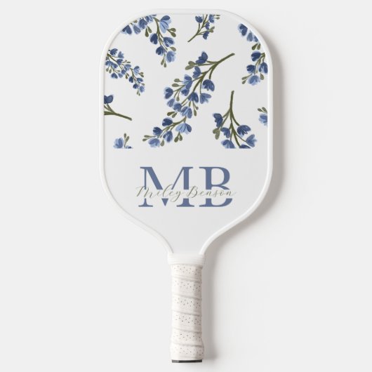 Preppy esthetische retro wilde bloemen blauw monog pickleball paddle (Voorkant)