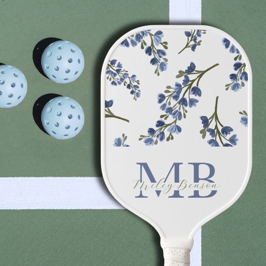 Preppy esthetische retro wilde bloemen blauw monog pickleball paddle
