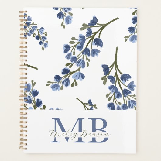 Preppy esthetische retro wilde bloemen blauw monog planner (Voorkant)
