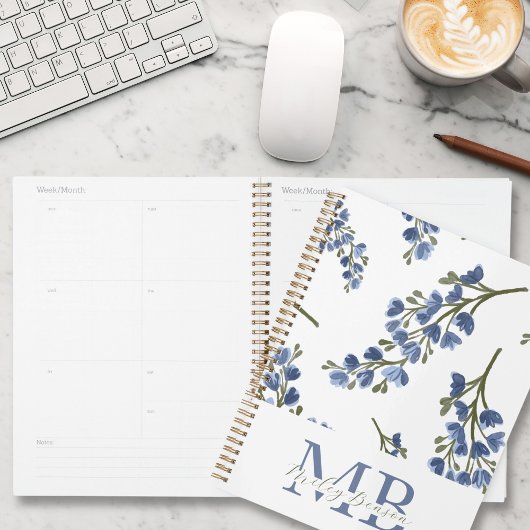 Preppy esthetische retro wilde bloemen blauw monog planner