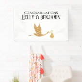 Preppy Faux Gold Stork Gefeliciteerd Baby shower Spandoek (Insitu)