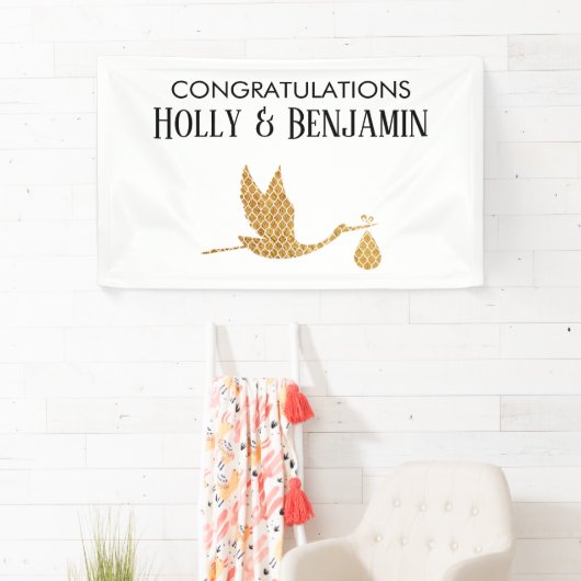 Preppy Faux Gold Stork Gefeliciteerd Baby shower Spandoek (Insitu)