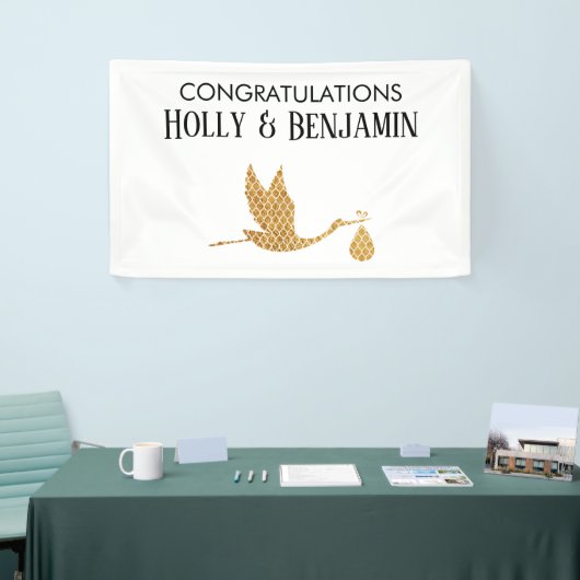 Preppy Faux Gold Stork Gefeliciteerd Baby shower Spandoek (Beurs)