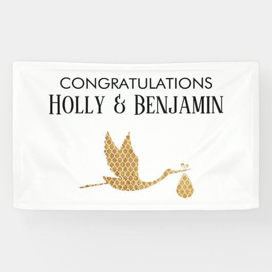 Preppy Faux Gold Stork Gefeliciteerd Baby shower Spandoek (Horizontaal)