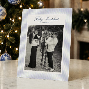 Preppy Feliz Navidad Blauwe Streep Kerst Foto Feestdagenkaart