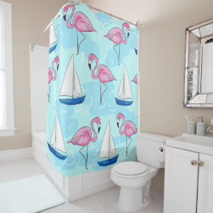 Preppy Flamingo Blauwe Zeilboot Kust Douchegordijn