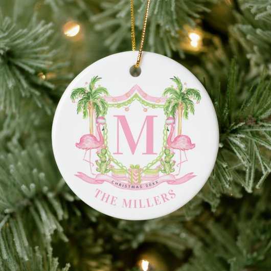 Preppy Flamingo Christmas Crest Keramisch Ornament (Boom)