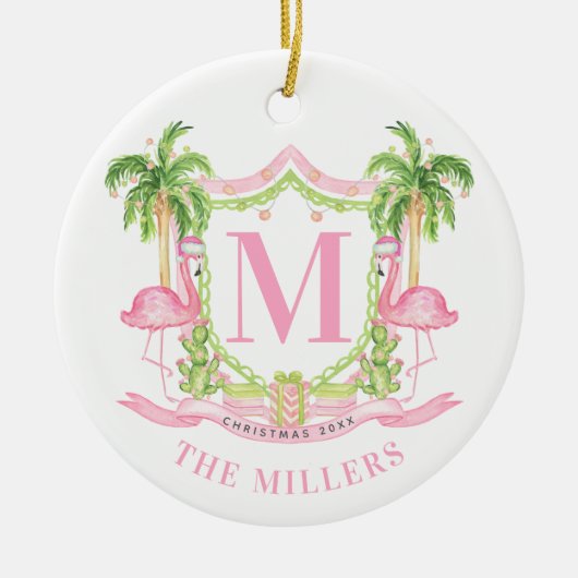 Preppy Flamingo Christmas Crest Keramisch Ornament (Voorkant)