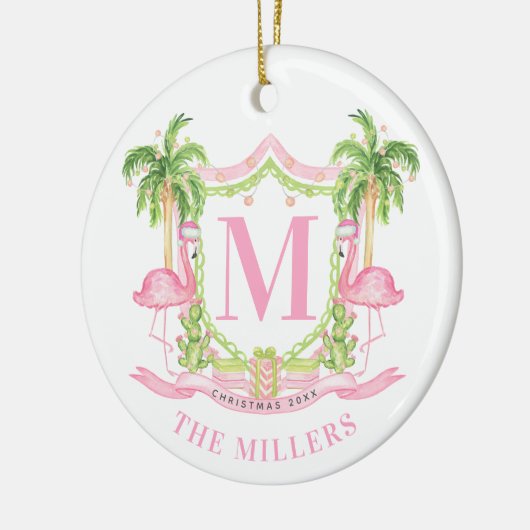 Preppy Flamingo Christmas Crest Keramisch Ornament (Links)