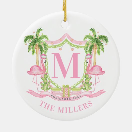Preppy Flamingo Christmas Crest Keramisch Ornament (Achterkant)