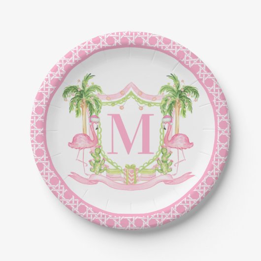 Preppy Flamingo Christmas Crest Papieren Bordje (Voorkant)