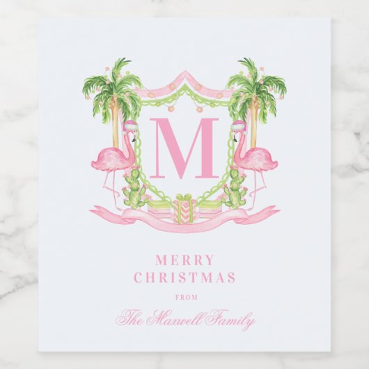 Preppy Flamingo Christmas Crest  Wijn Etiket (Enkel label)