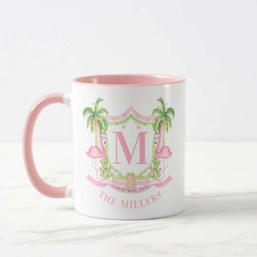 Preppy Flamingo Christmas Monogram Crest Mok (Links)