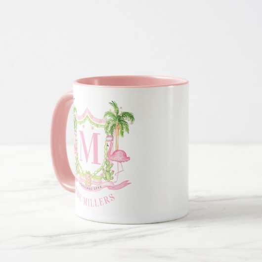 Preppy Flamingo Christmas Monogram Crest Mok (Voorkant links)