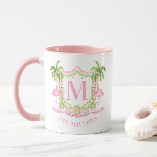 Preppy Flamingo Christmas Monogram Crest Mok (Met donut)