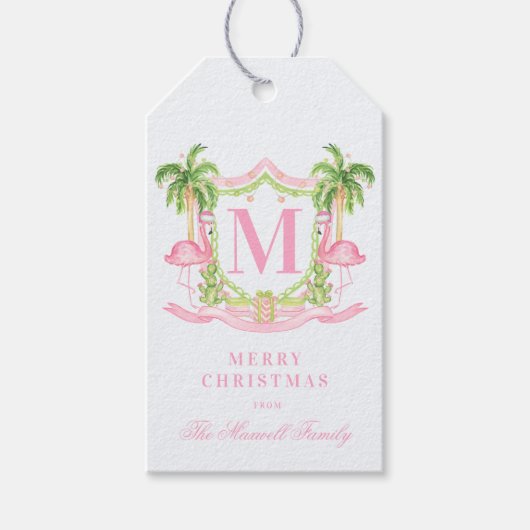 Preppy Flamingo Kerst Crest Cadeaulabel (Voorkant)