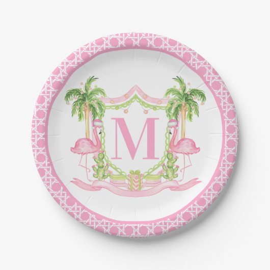 Preppy Flamingo Kerst Crest Papieren Bordje (Voorkant)