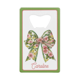Preppy Floral Pink and Green Bow Personalized Creditkaart Flessenopener