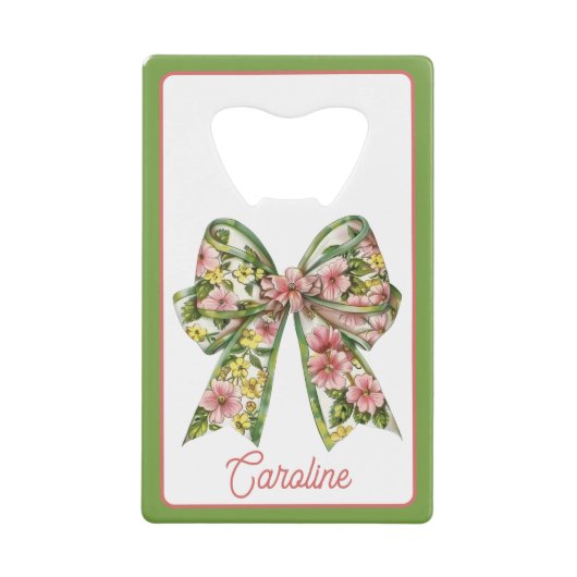 Preppy Floral Pink and Green Bow Personalized Creditkaart Flessenopener (Voorkant)