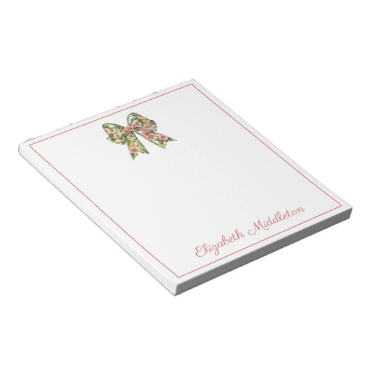 Preppy Floral Pink and Green Bow Personalized Notitieblok (Schuin)