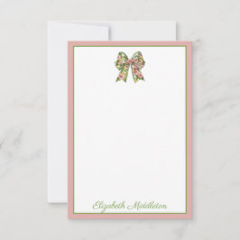 Preppy Floral Pink and Green Bow Personalized Notitiekaartje