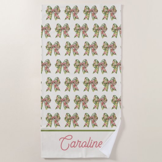 Preppy Floral Pink and Green Bow Personalized Strandlaken (Voorkant)