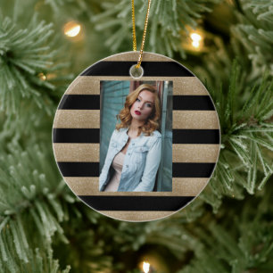 Preppy geometrisch patroon zwart en gouden strepen keramisch ornament