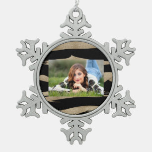 Preppy geometrisch patroon zwart en gouden strepen tin sneeuwvlok ornament