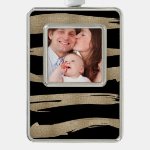 Preppy geometrisch patroon zwart en gouden strepen verzilverd omlijst ornament