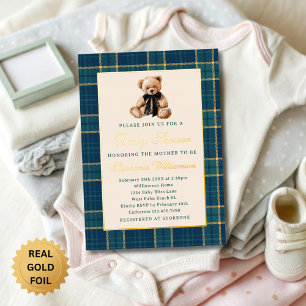 Preppy geruit vintage teddybeer babyshower goud folie uitnodiging