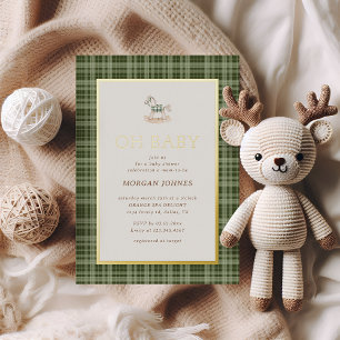 Preppy Geruite Houten Paard Baby Shower Folie Uitnodiging
