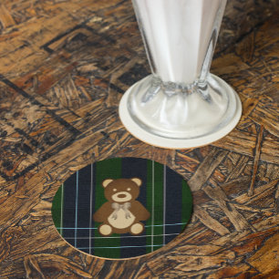 Preppy geruite teddybeer baby shower ronde kartonnen onderzetter