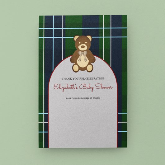 Preppy geruite teddybeer babyshower bedankkaart