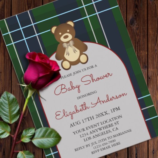 Preppy geruite teddybeer babyshower kaart