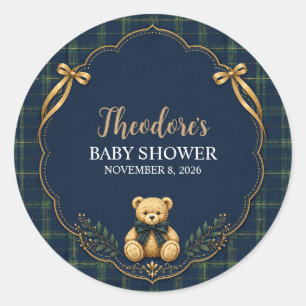 Preppy geruite teddybeer babyshower ronde sticker