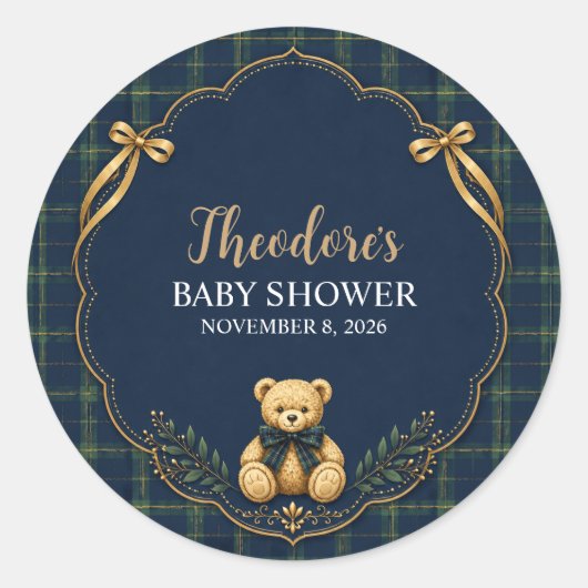 Preppy geruite teddybeer babyshower ronde sticker (Voorkant)