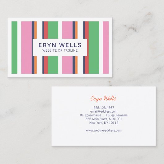 Preppy Gestreept Roze Schattige Modern Visitekaartje (Voorkant / Achterkant)