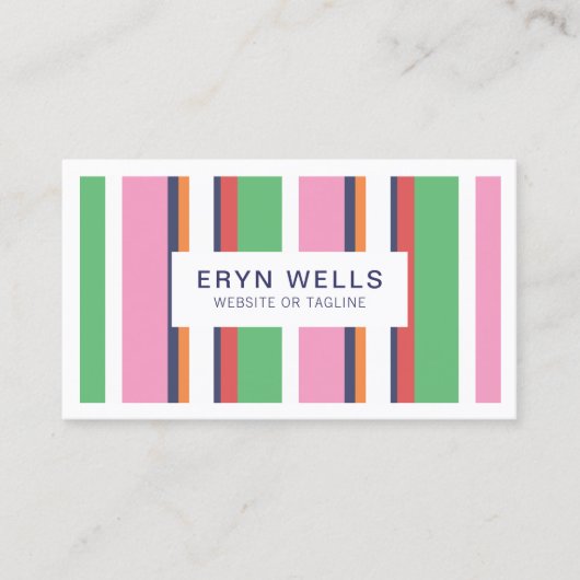Preppy Gestreept Roze Schattige Modern Visitekaartje (Voorkant)
