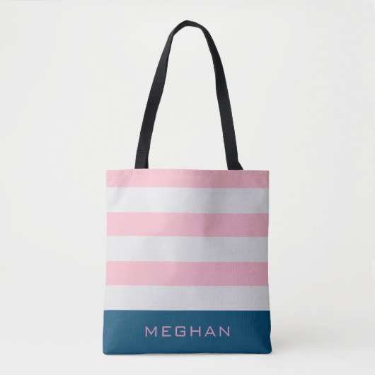 Preppy Gestreepte Pastel Blush Monogram Canvas tas (Voorkant)