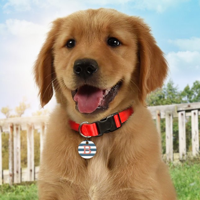 Preppy Gestreepte Slate Blue Monogram ID Dog Label Huisdierpenning (Creator heeft geüpload)