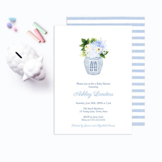 Preppy Ginger Jar Blue Floral Boy Baby shower Kaart