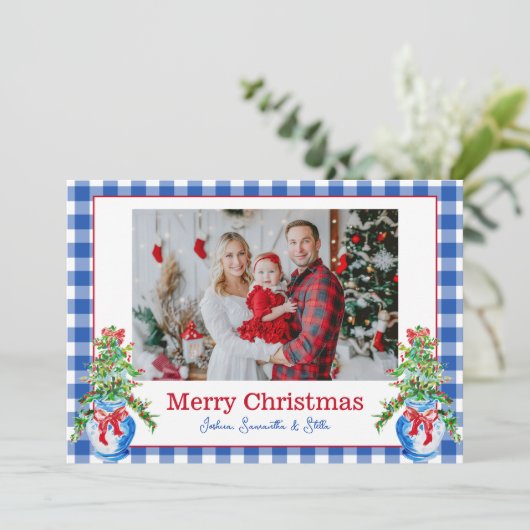 Preppy Ginger Jar Kerstboom Navy Gingham Feestdagenkaart (Staand voorkant)