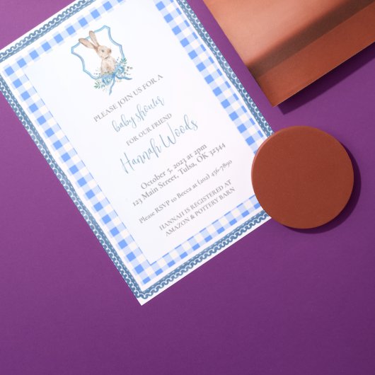 Preppy Gingham Bunny-Baby shower Kaart