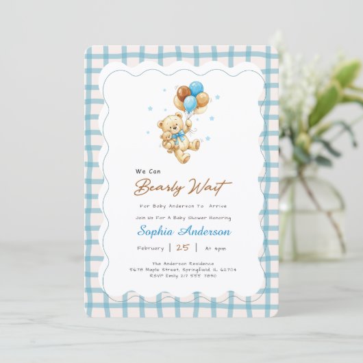 Preppy Gingham Teddybeer Baby Shower Kaart (Staand voorkant)