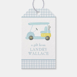 Preppy Gingham Waterverf Blauw Monogram Golfkar Cadeaulabel
