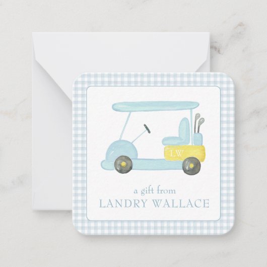 Preppy Gingham Waterverf Blauw Monogram Golfkar Notitiekaartje (Voorkant)