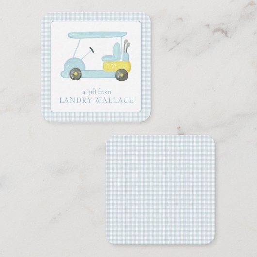 Preppy Gingham Waterverf Blauw Monogram Golfkar Notitiekaartje (Voorkant / Achterkant)